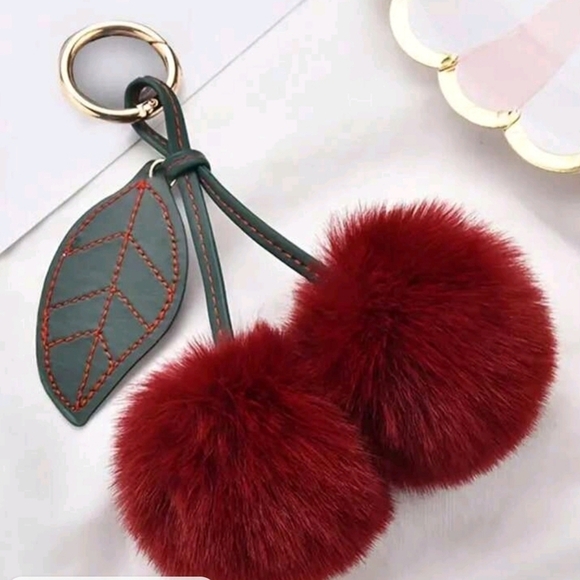 🔹️ Cherry Keychain Fluffy Plush Cute Cherry Backpack Charm ✨️🍒 - Picture 3 of 6